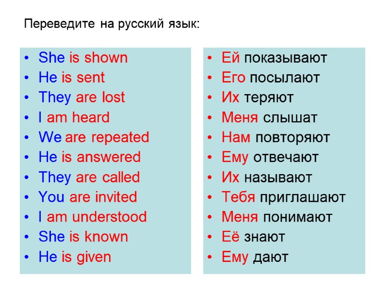Переведите на русский язык: She is shown He is sent They are lost I